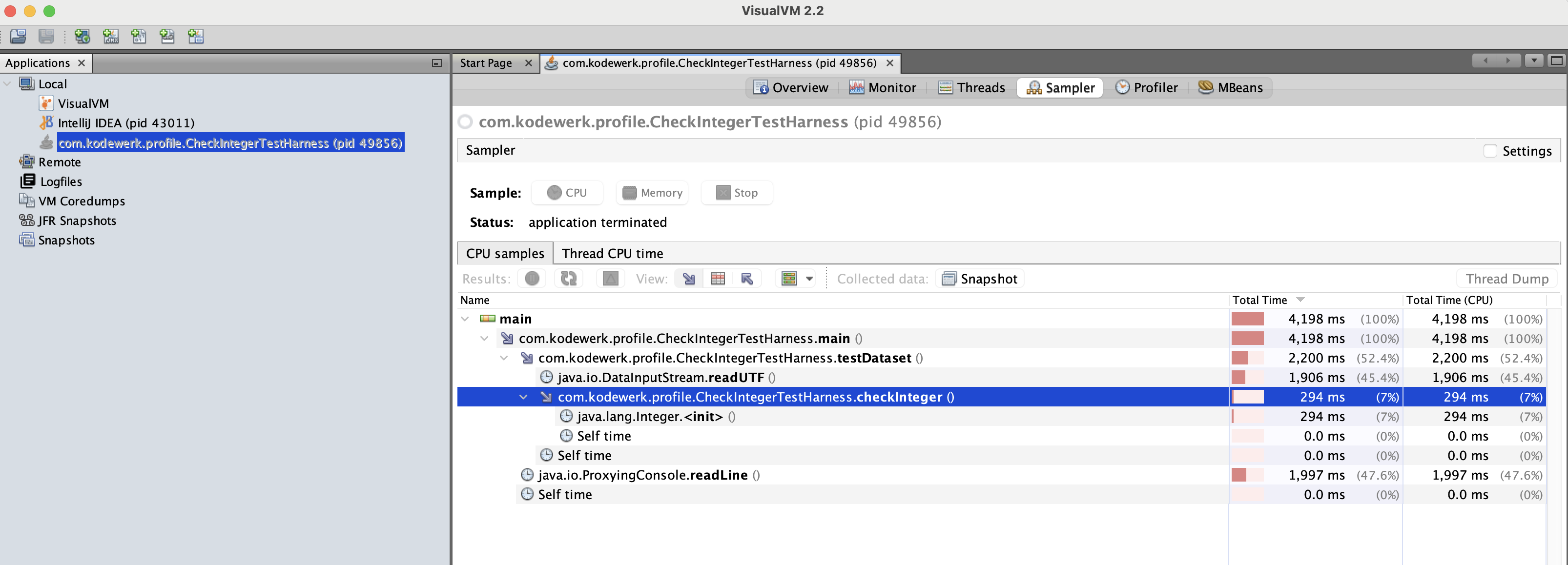 Execution profile showing java.io.DataInputStream as the bottleneck